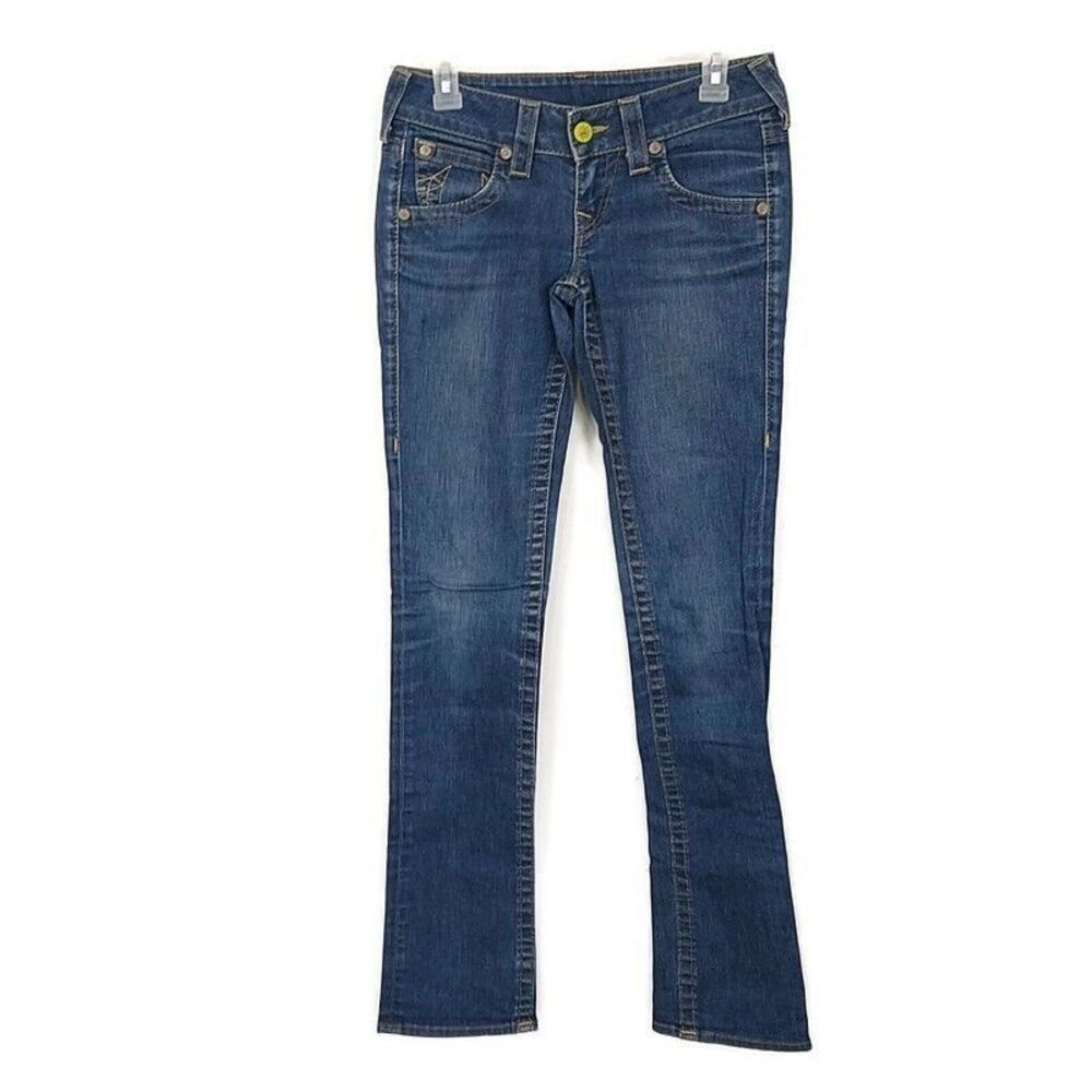 True Religion Jeans Med Wash Faded Denim Bootcut Button Flap Pocket‎ sz 25